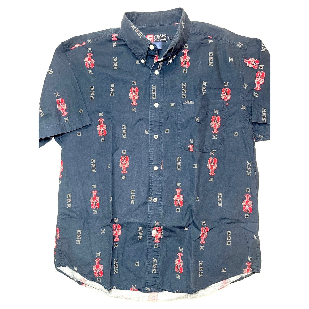 Vintage 90s Chaps Ralph Lauren Lobster Print Button Down Shirt Navy Blue Mens L - Picture 2 of 7
